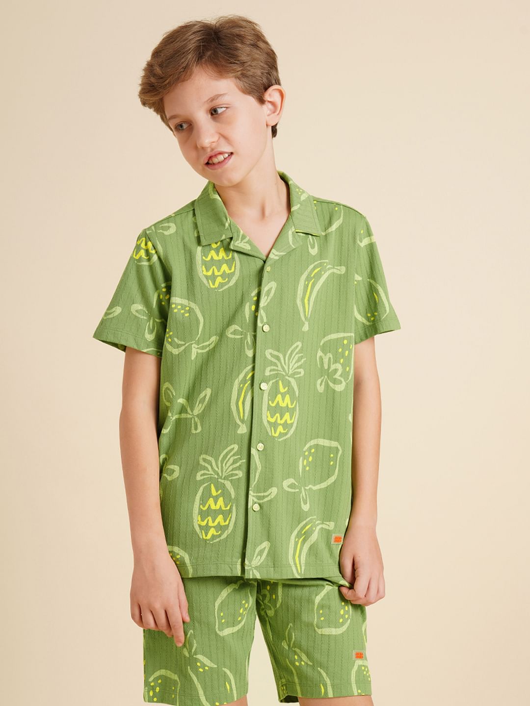 Boys Green Printed Dobby Knit Shirt