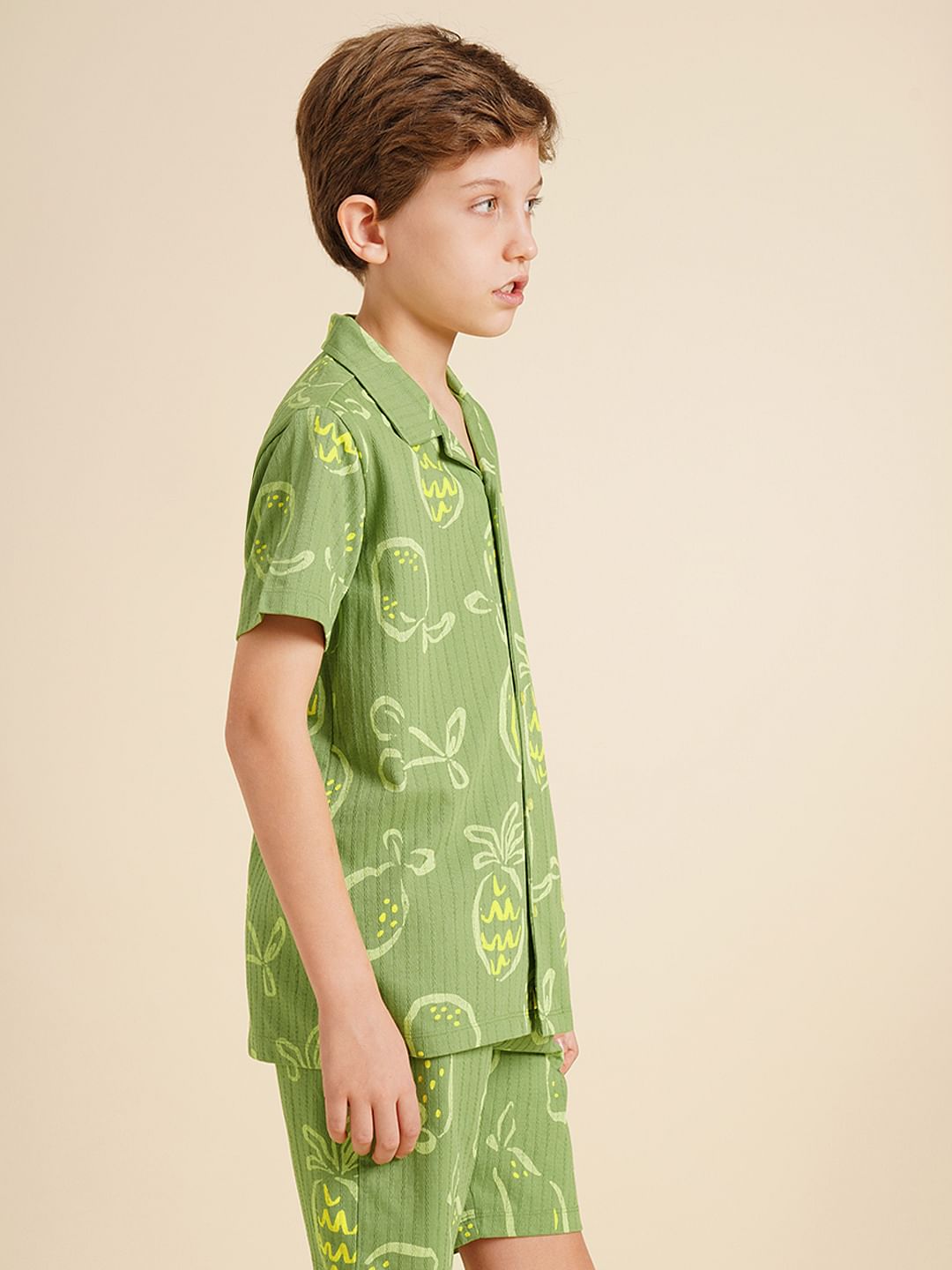 Boys Green Printed Dobby Knit Shirt