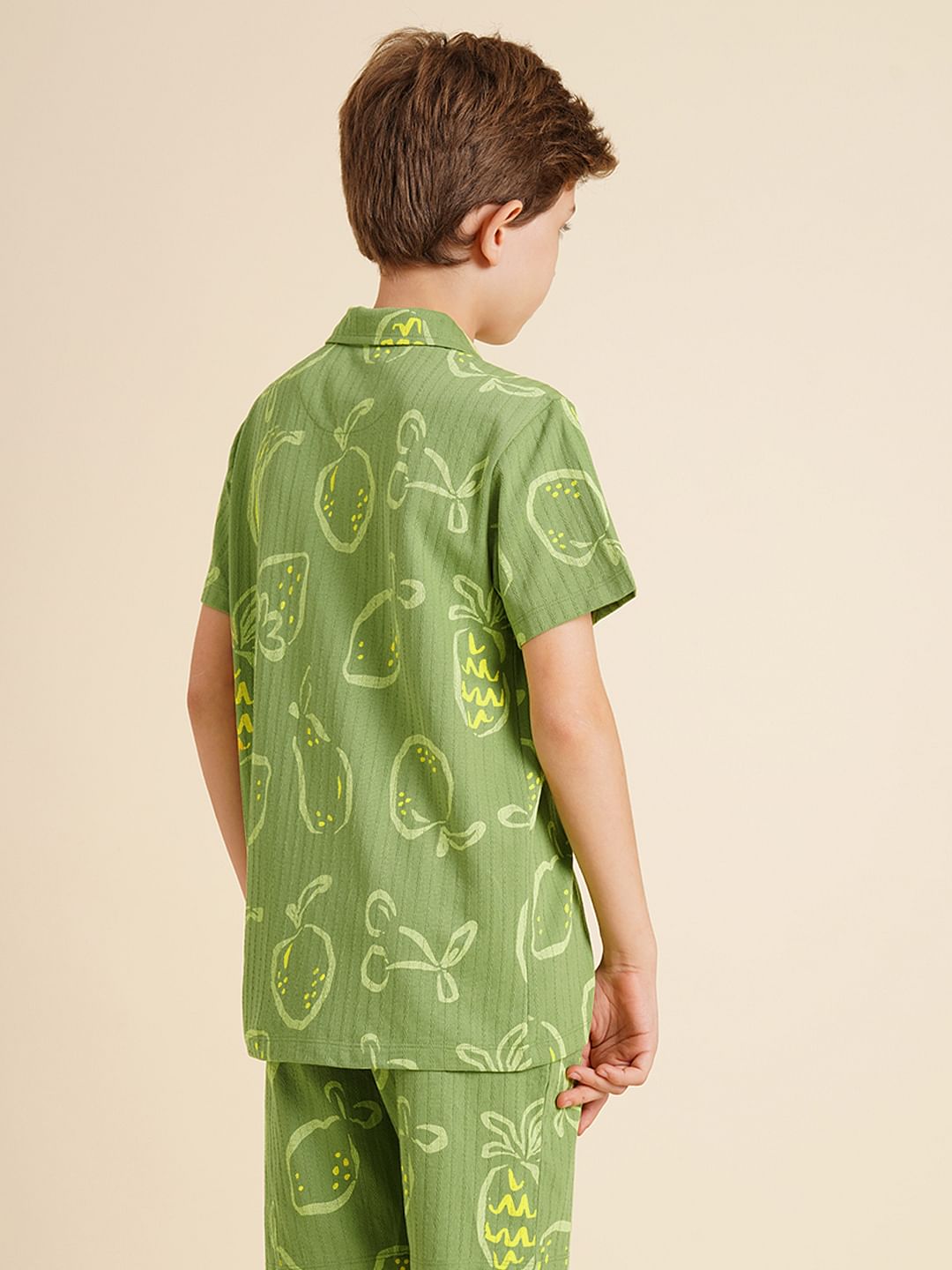 Boys Green Printed Dobby Knit Shirt