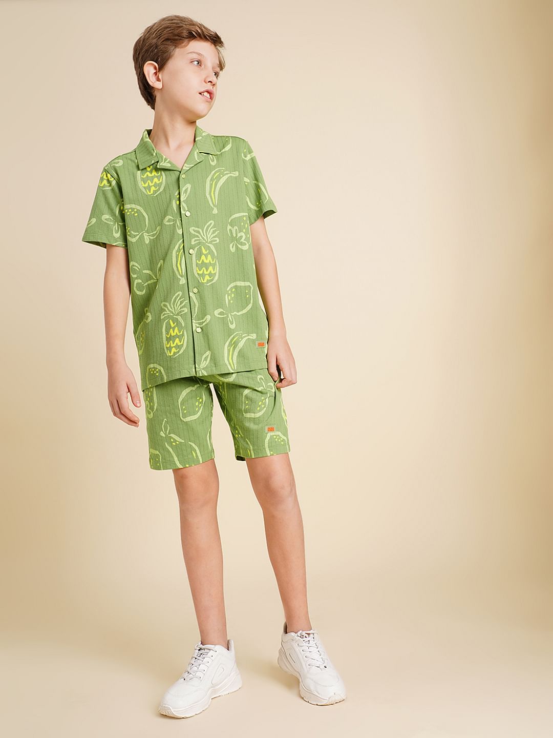 Boys Green Printed Dobby Knit Shirt