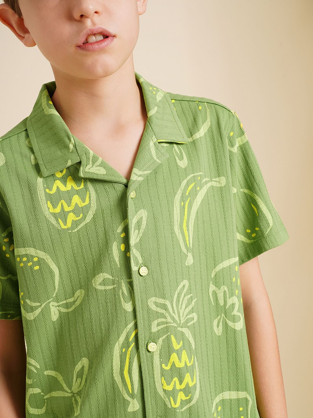 Boys Green Printed Dobby Knit Shirt
