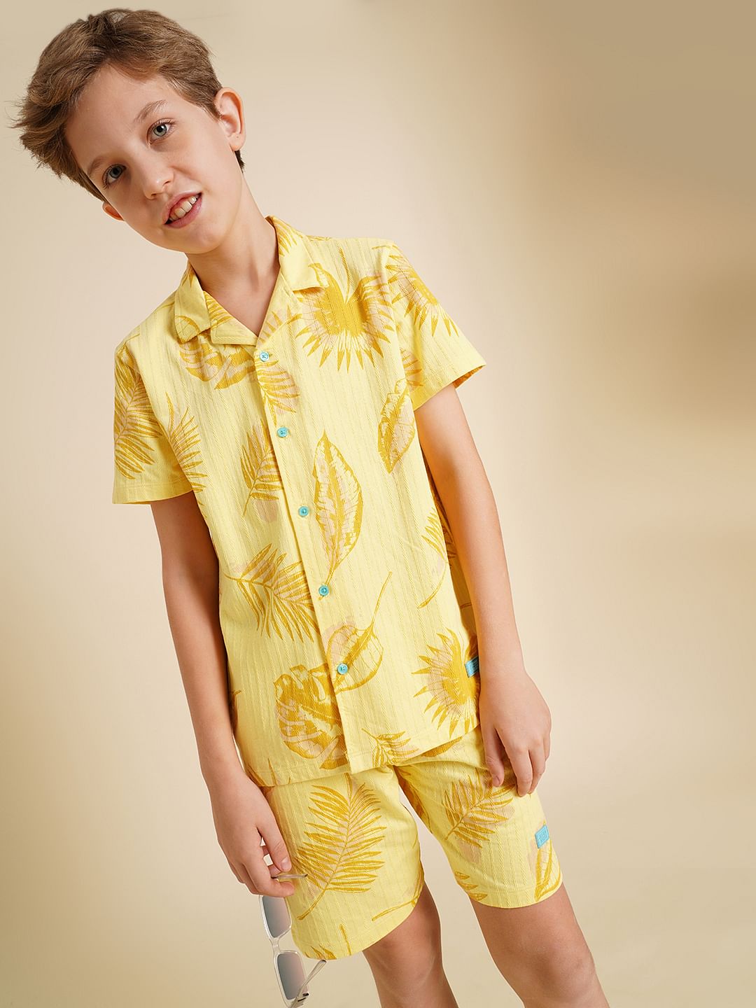 Boys Yellow Printed Dobby Knit Shirt