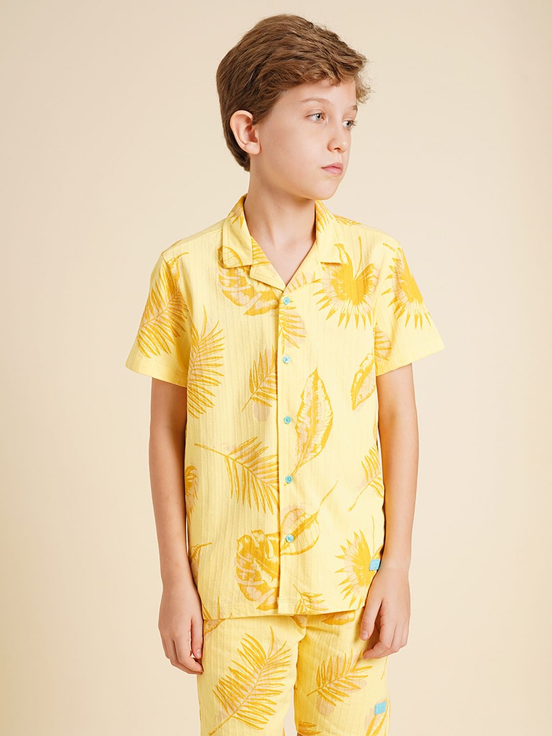 Boys Yellow Printed Dobby Knit Shirt