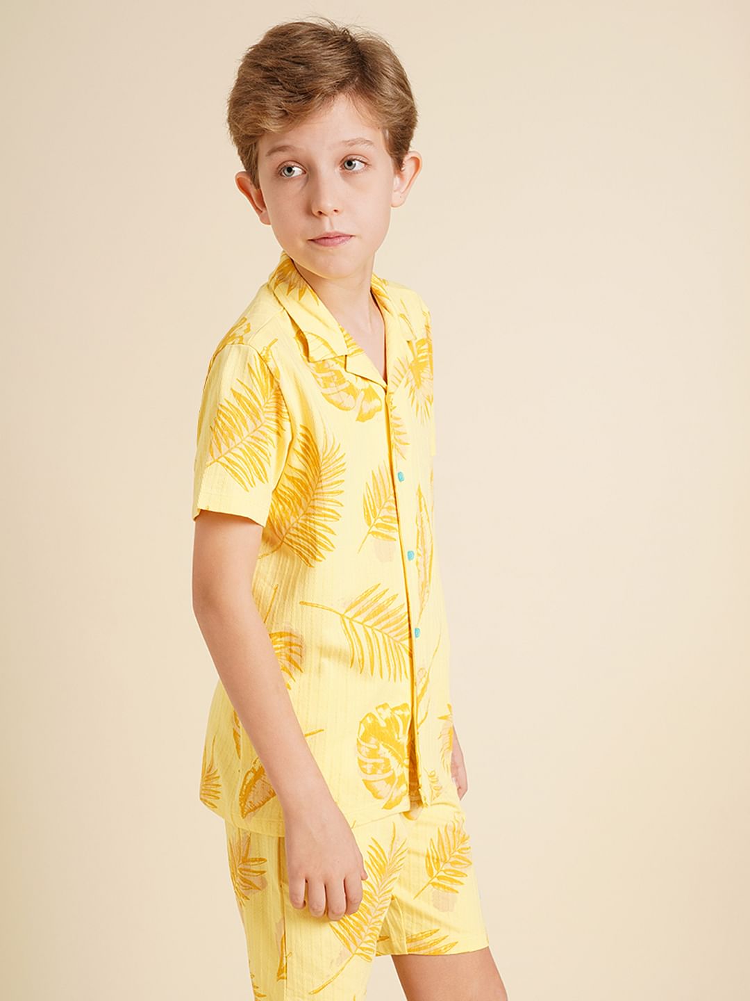 Boys Yellow Printed Dobby Knit Shirt