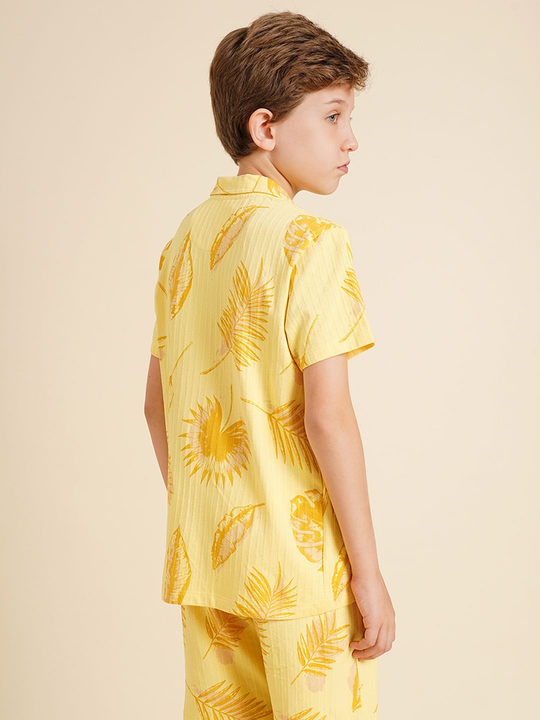 Boys Yellow Printed Dobby Knit Shirt