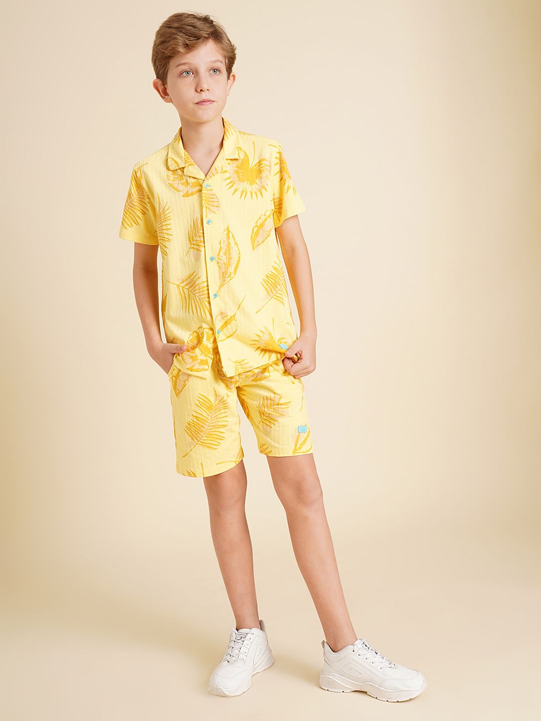 Boys Yellow Printed Dobby Knit Shirt