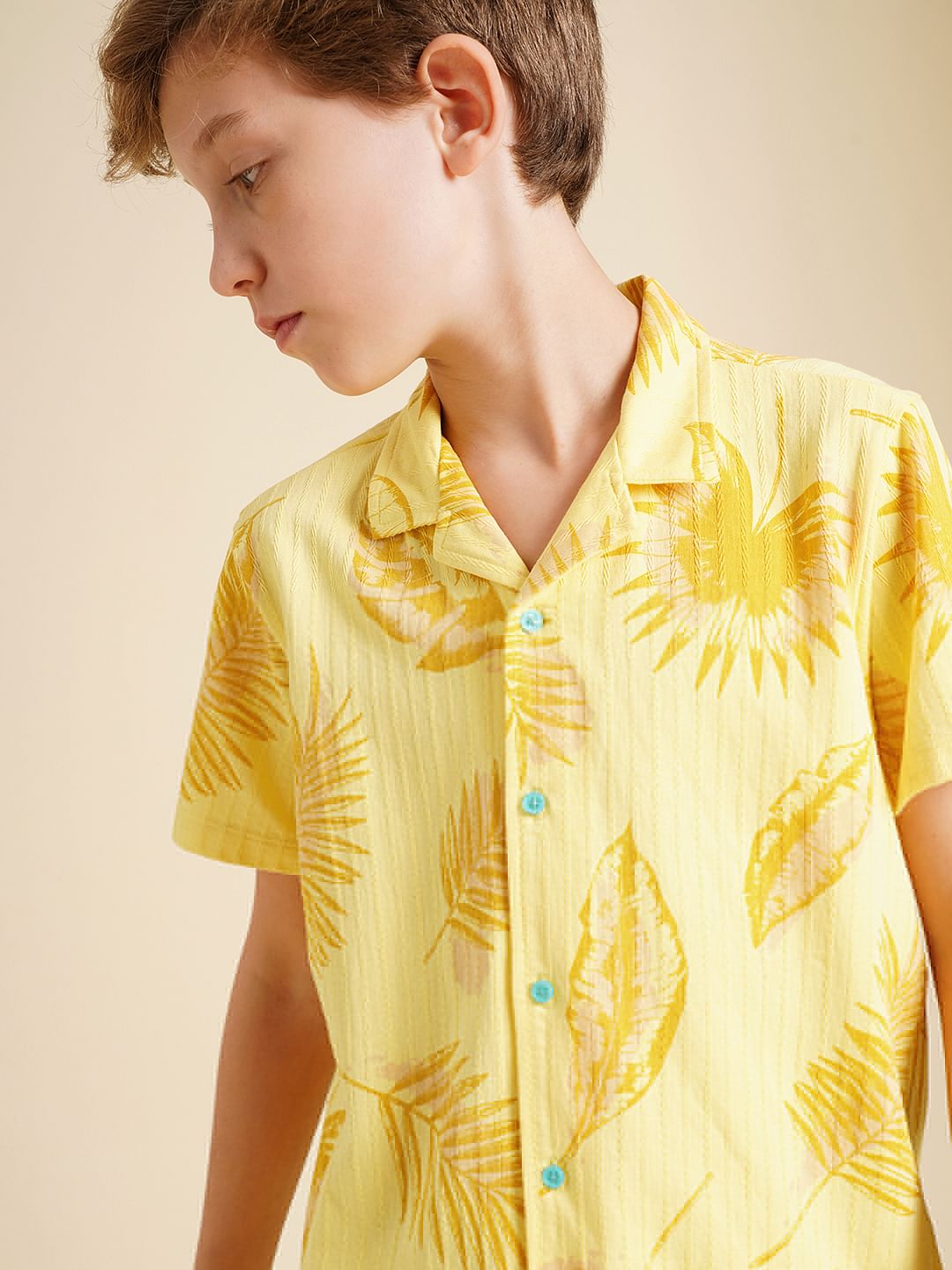 Boys Yellow Printed Dobby Knit Shirt