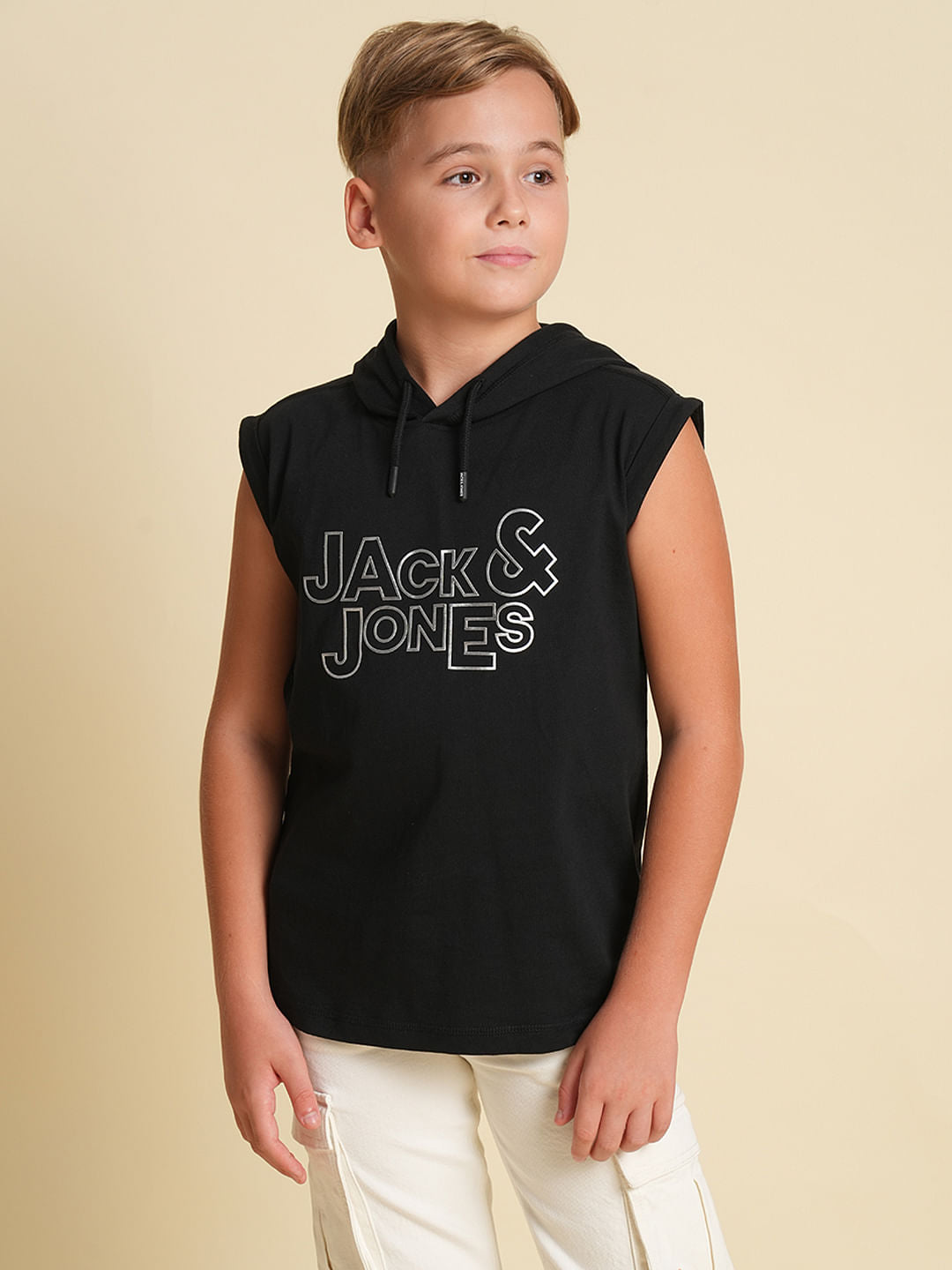 Boys Black Hooded Sleeveless T-shirt