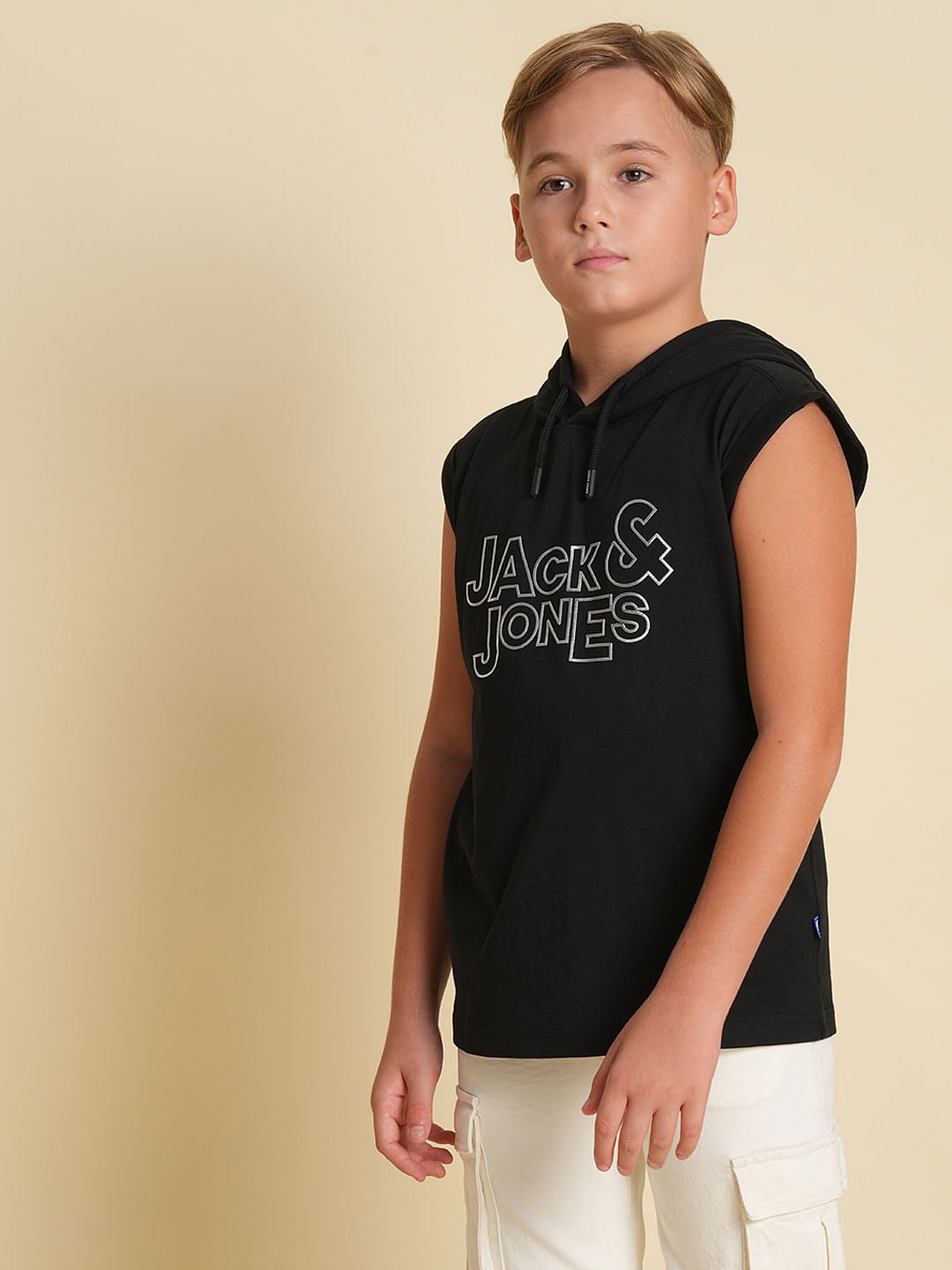 Boys Black Hooded Sleeveless T-shirt