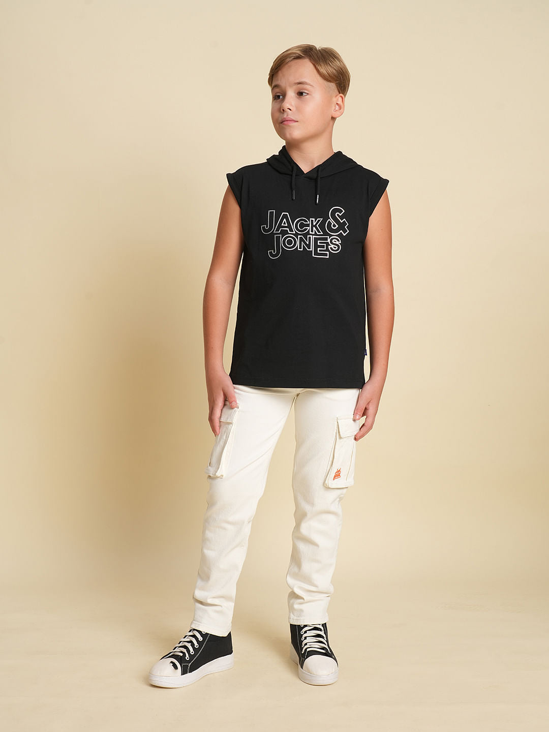 Boys Black Hooded Sleeveless T-shirt