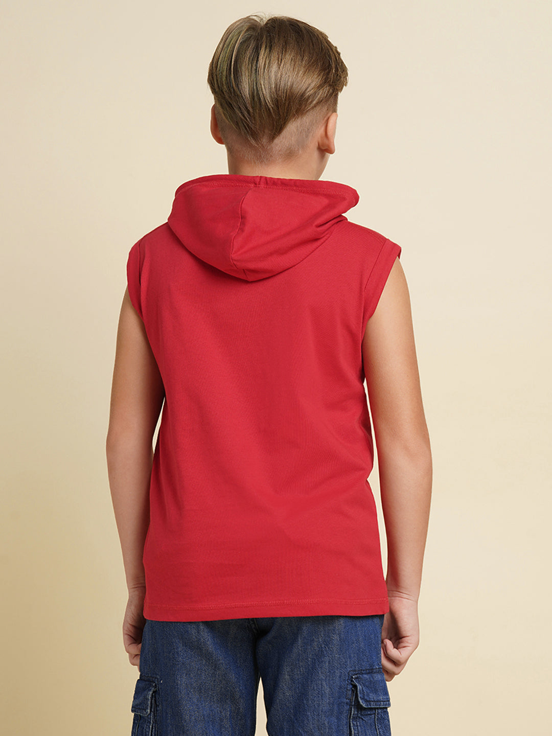Boys Cotton Hooded Tank Top With Chest Graphic Print In Red