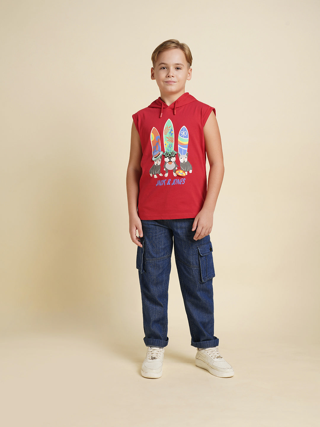 Boys Cotton Hooded Tank Top With Chest Graphic Print In Red