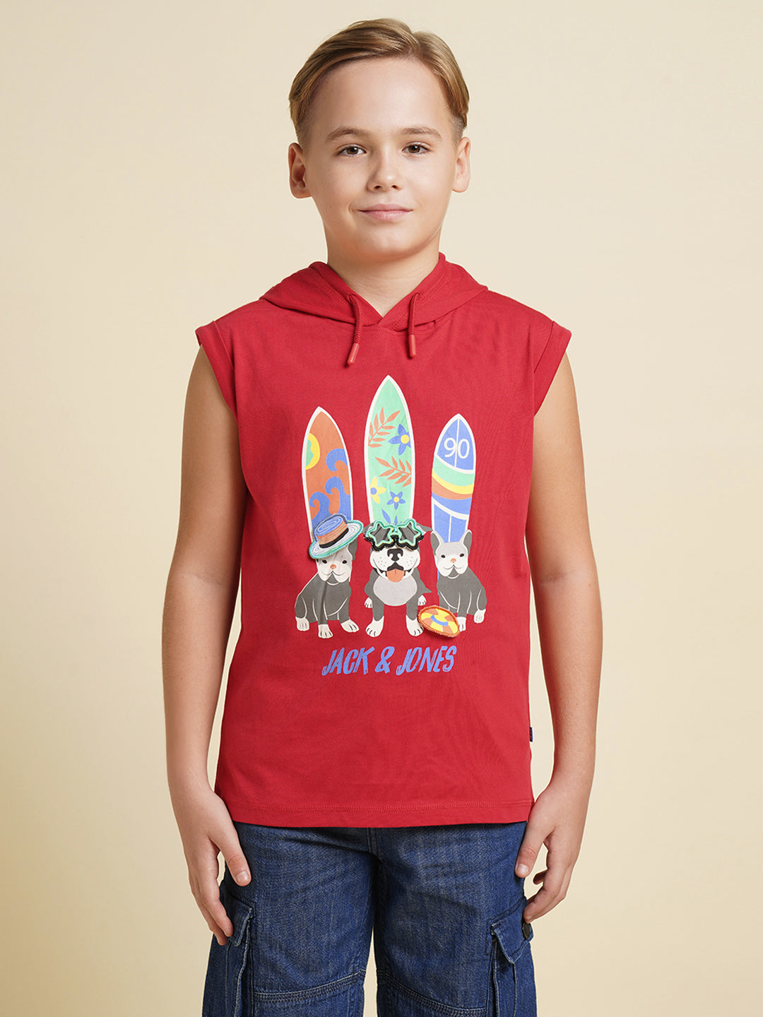 Boys Cotton Hooded Tank Top With Chest Graphic Print In Red
