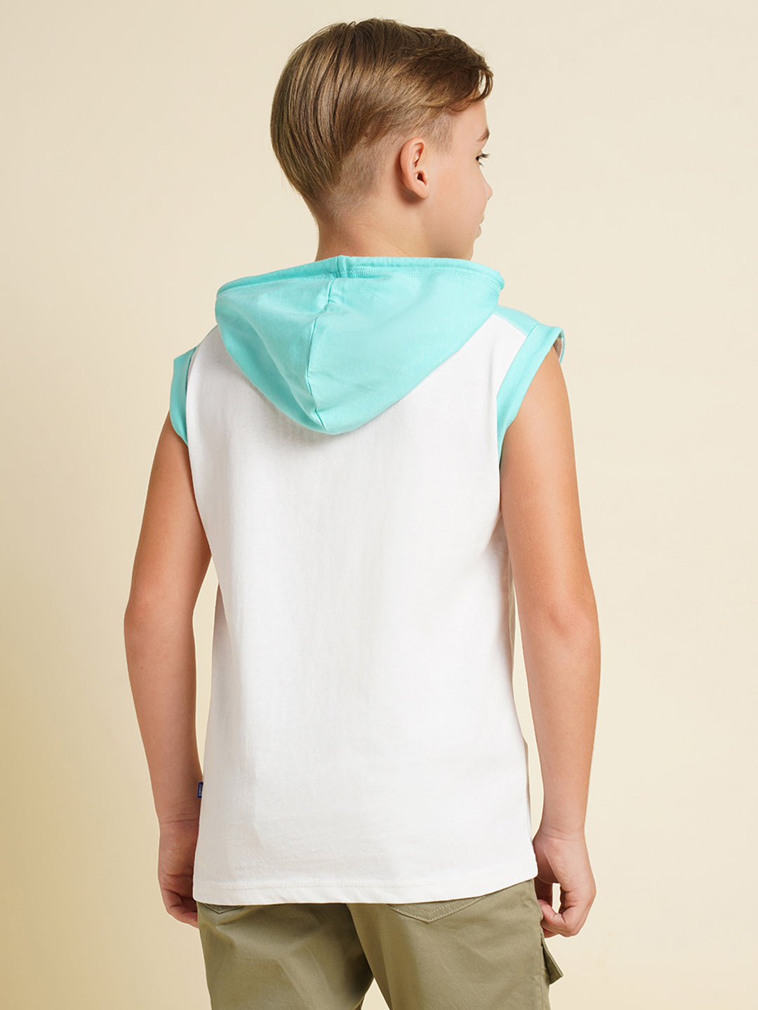 Boys Cotton Hooded Tank Top With Tropical Chest Print - White
