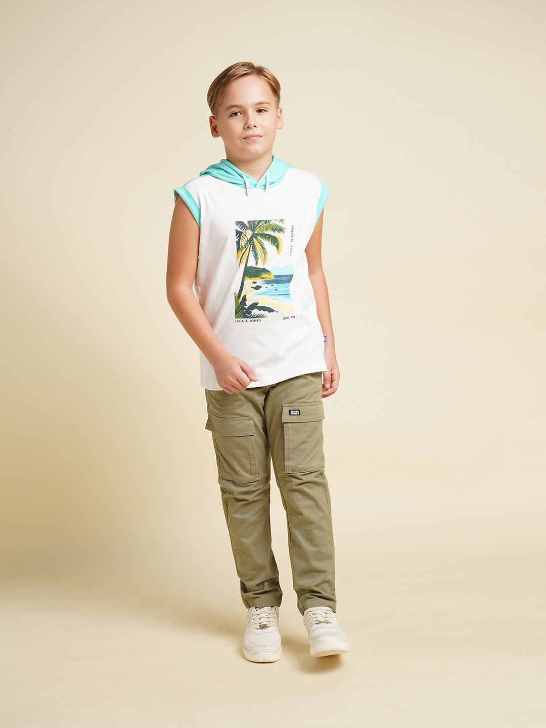 Boys Cotton Hooded Tank Top With Tropical Chest Print - White