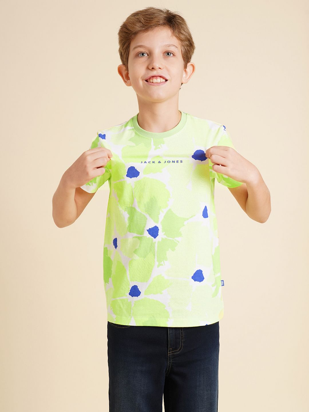 Boys Green Printed Cotton T-shirt
