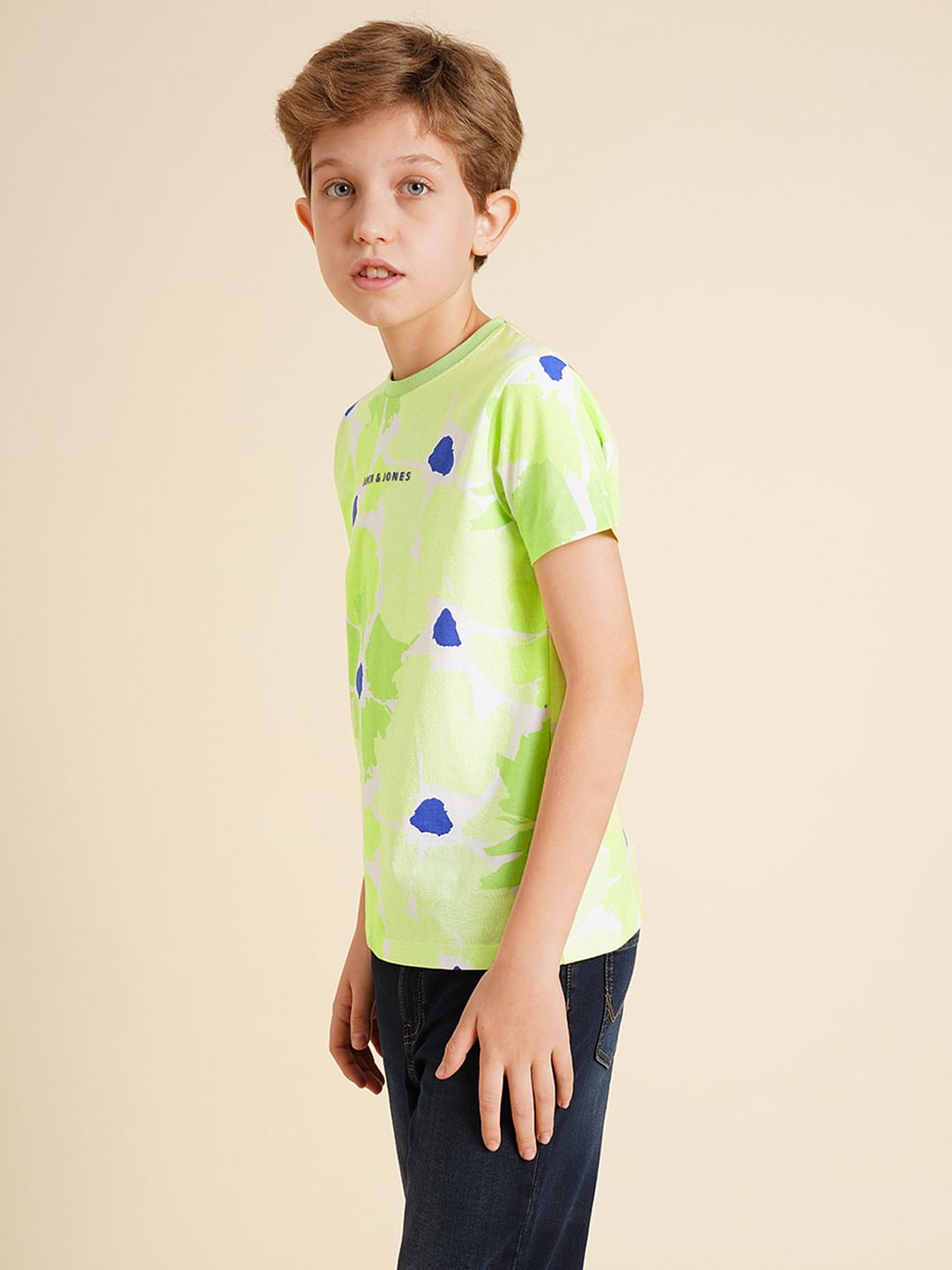 Boys Green Printed Cotton T-shirt