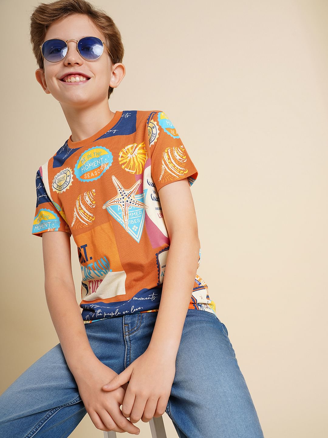 Boys Orange Printed Cotton T-Shirt