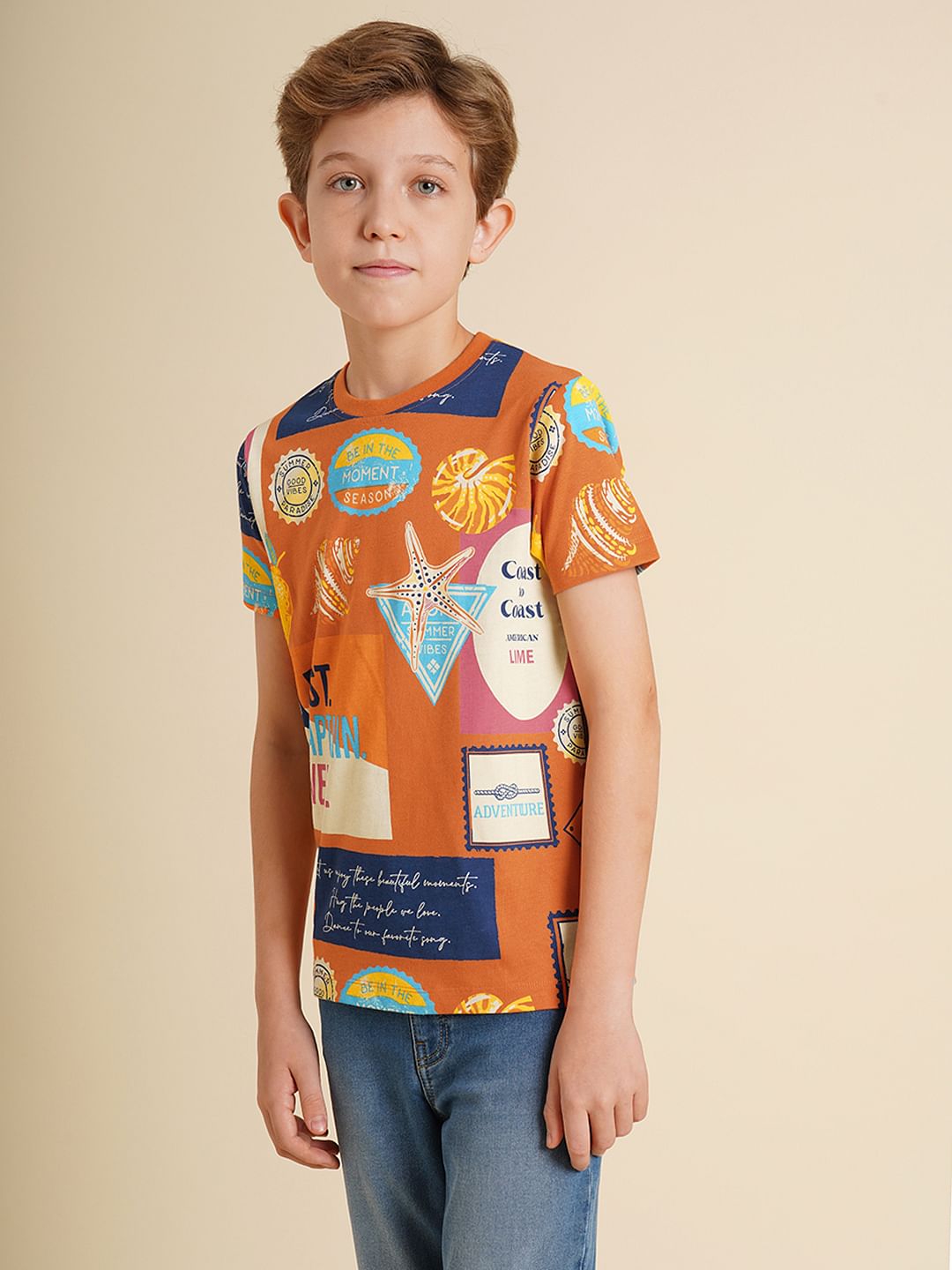Boys Orange Printed Cotton T-Shirt