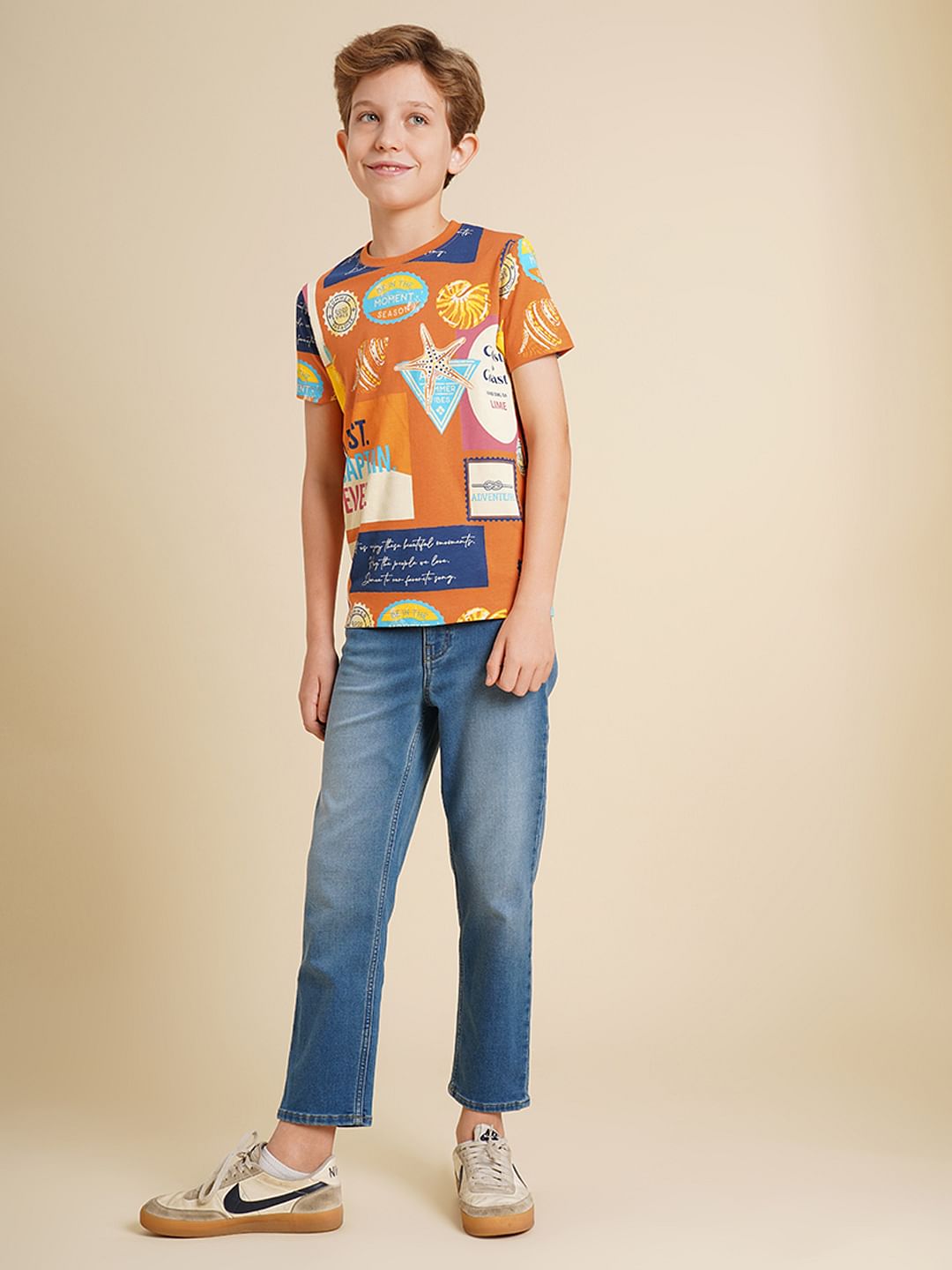 Boys Orange Printed Cotton T-Shirt