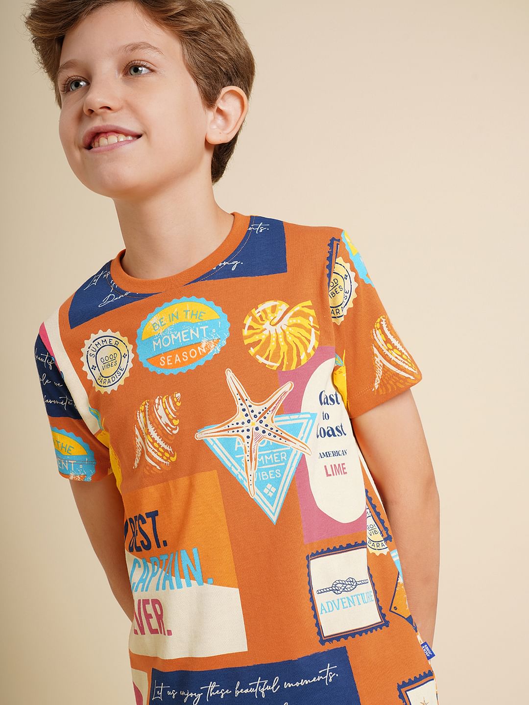 Boys Orange Printed Cotton T-Shirt