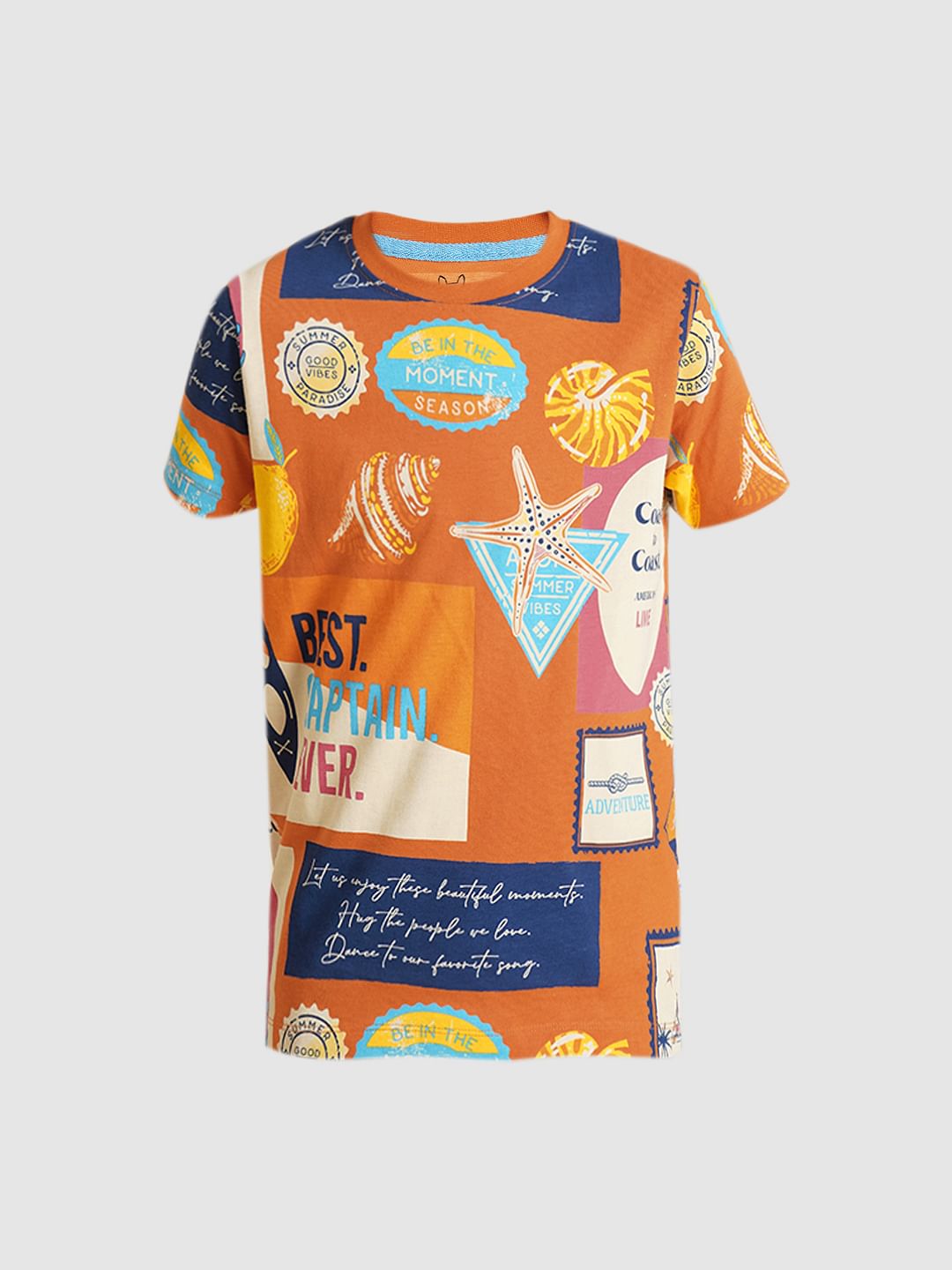 Boys Orange Printed Cotton T-Shirt