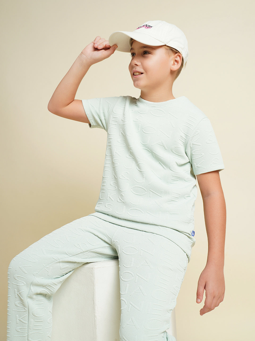JACK&JONES JUNIOR Boys Aqua Jacquard Logo Co-ord Set T-shirt