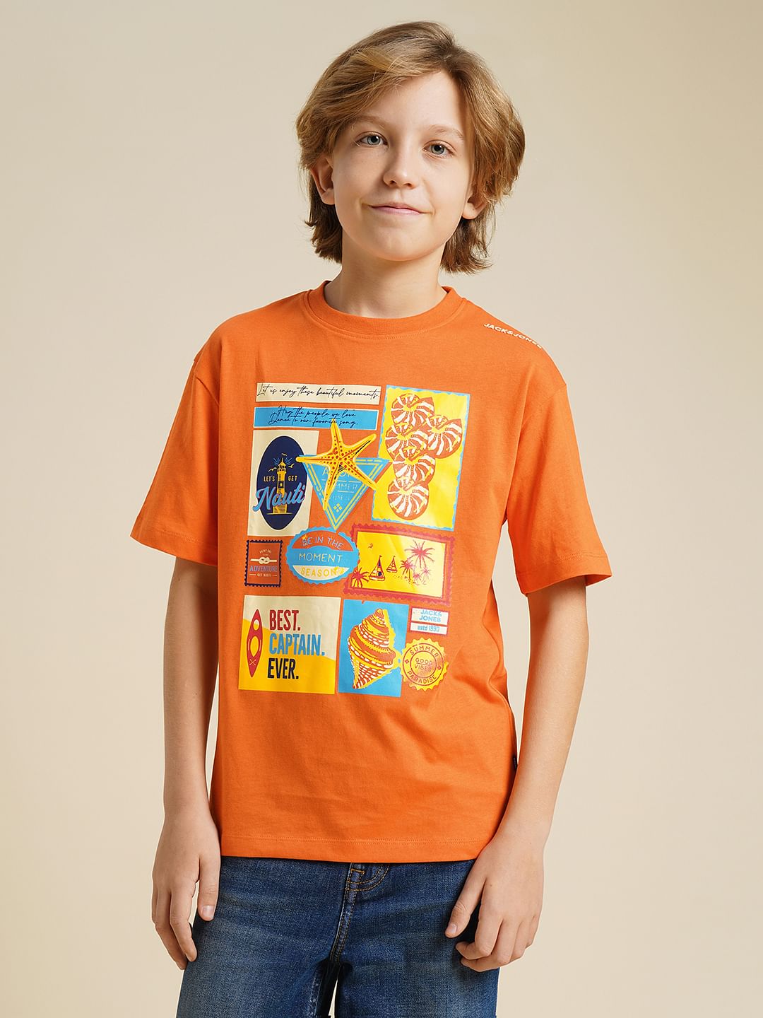 Boys Orange Printed Cotton T-shirt