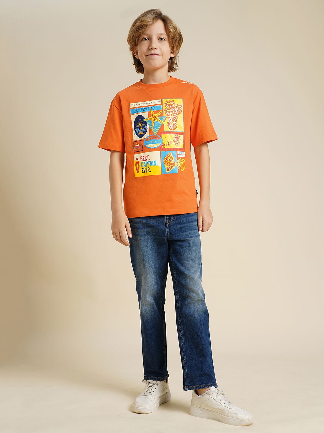 Boys Orange Printed Cotton T-shirt