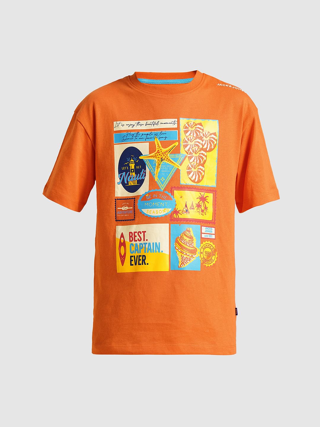 Boys Orange Printed Cotton T-shirt