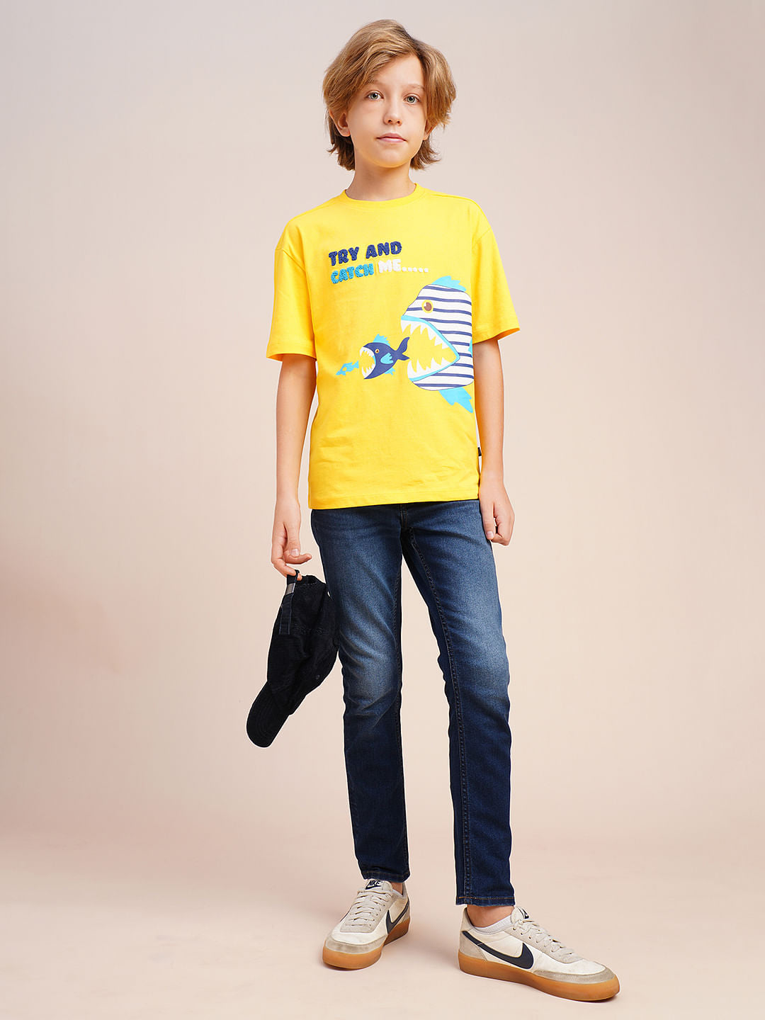 Boys Yellow Printed Cotton T-shirt
