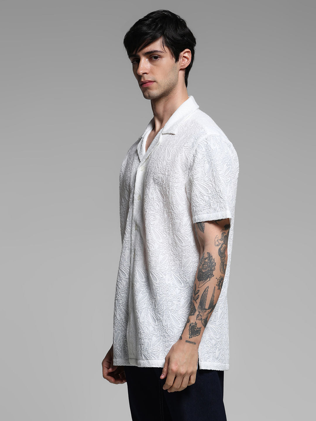 White Resort Collar Textured Shirt