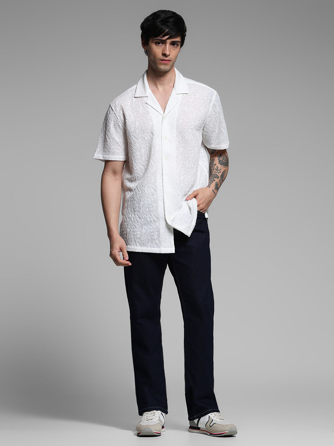 White Resort Collar Textured Shirt