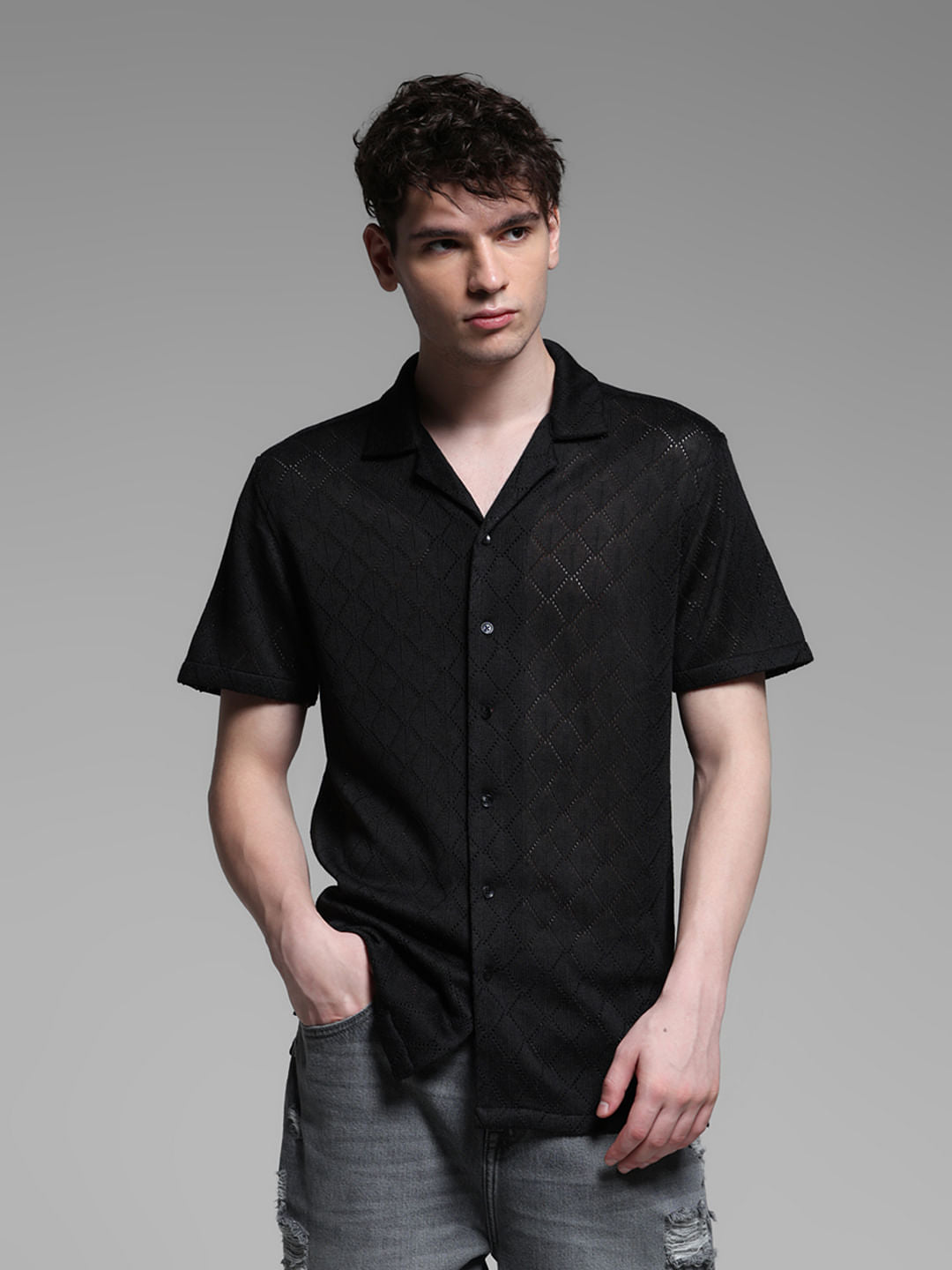 BLACK RESORT COLLAR SHIRT