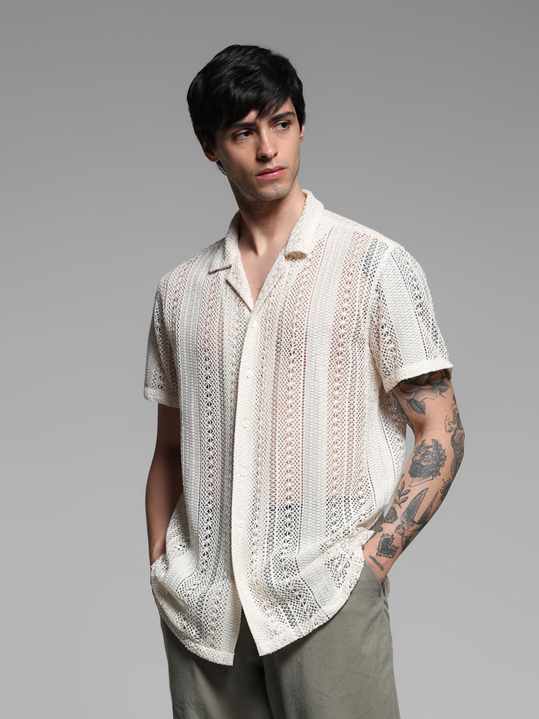 Beige Schiffli Resort Collar Shirt