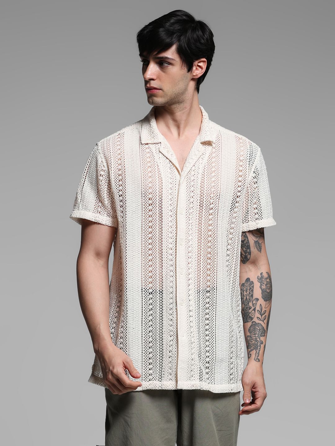 Beige Schiffli Resort Collar Shirt