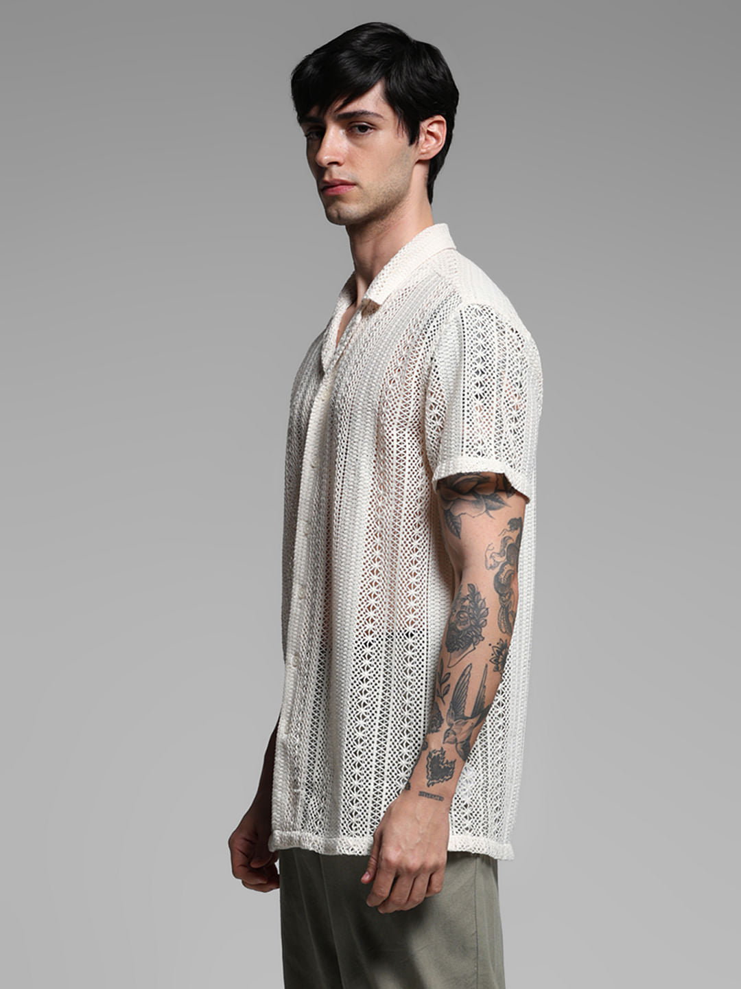 Beige Schiffli Resort Collar Shirt