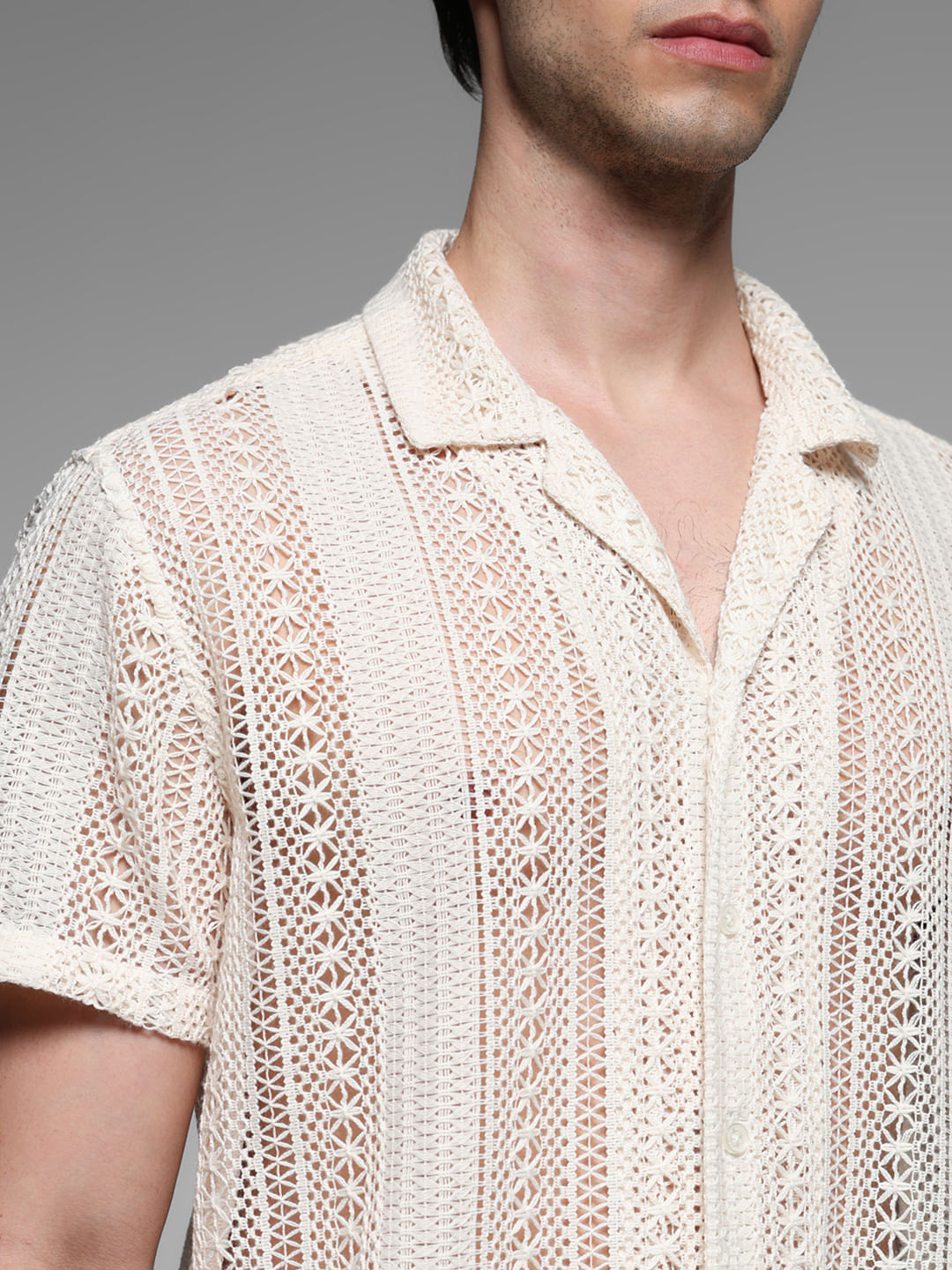 Beige Schiffli Resort Collar Shirt