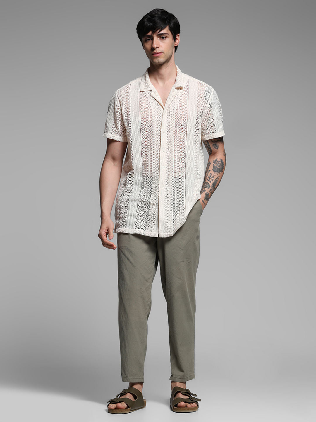 Beige Schiffli Resort Collar Shirt