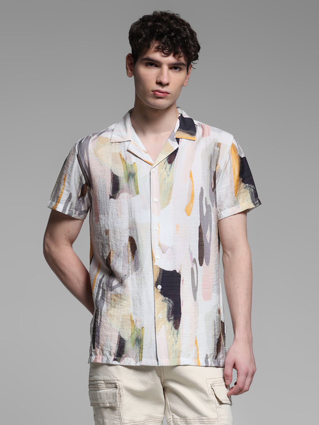 Men's Grey Abstract Printed Resort Collar Shirt Regular Fit