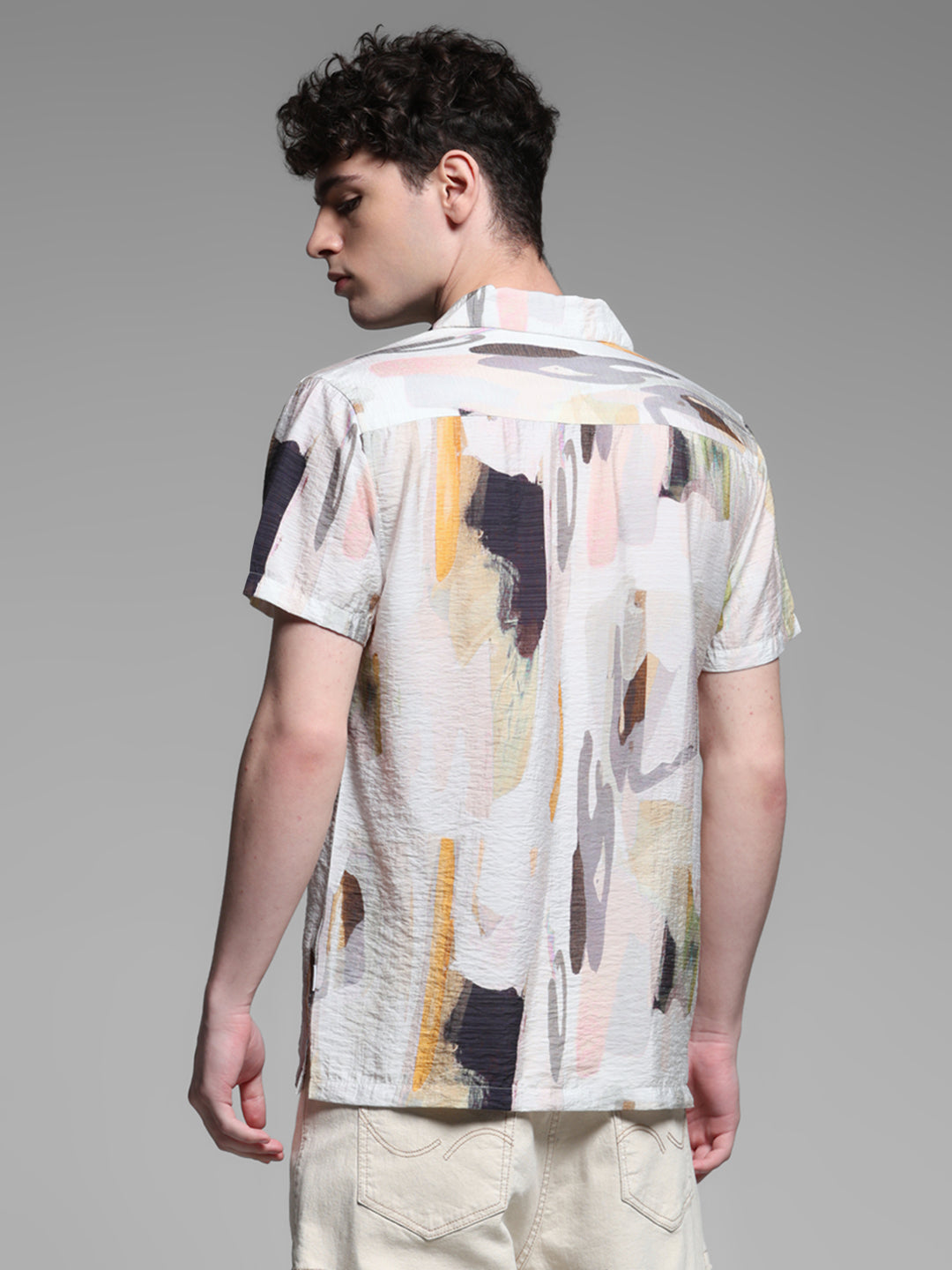 Men's Grey Abstract Printed Resort Collar Shirt Regular Fit