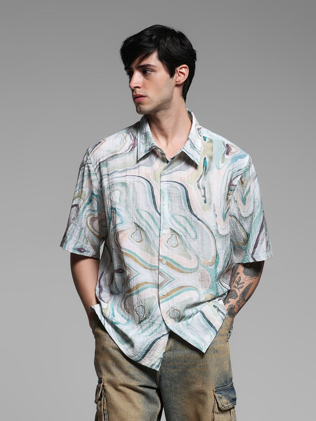 Light Green Printed Lyocell Oversized Shirt