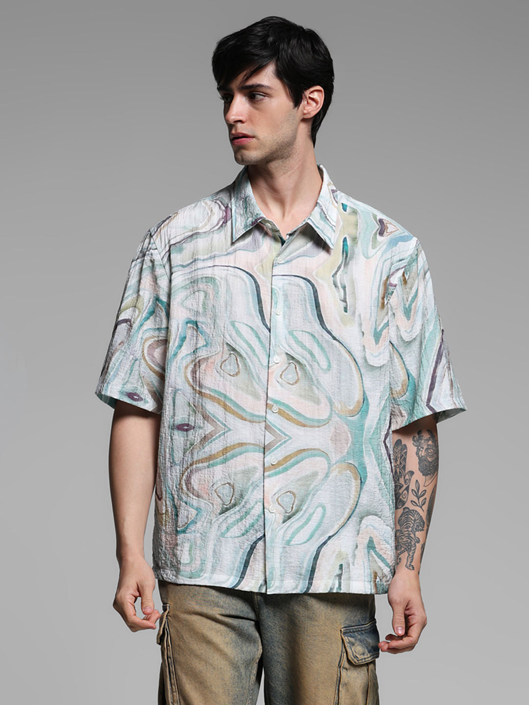 Light Green Printed Lyocell Oversized Shirt