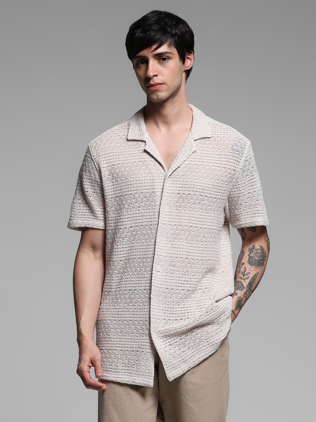 Beige Textured Resort Collar Shirt