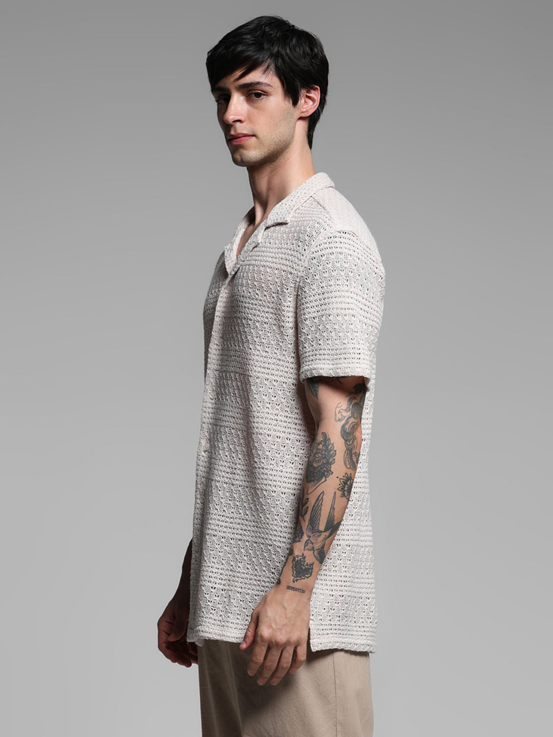 Beige Textured Resort Collar Shirt