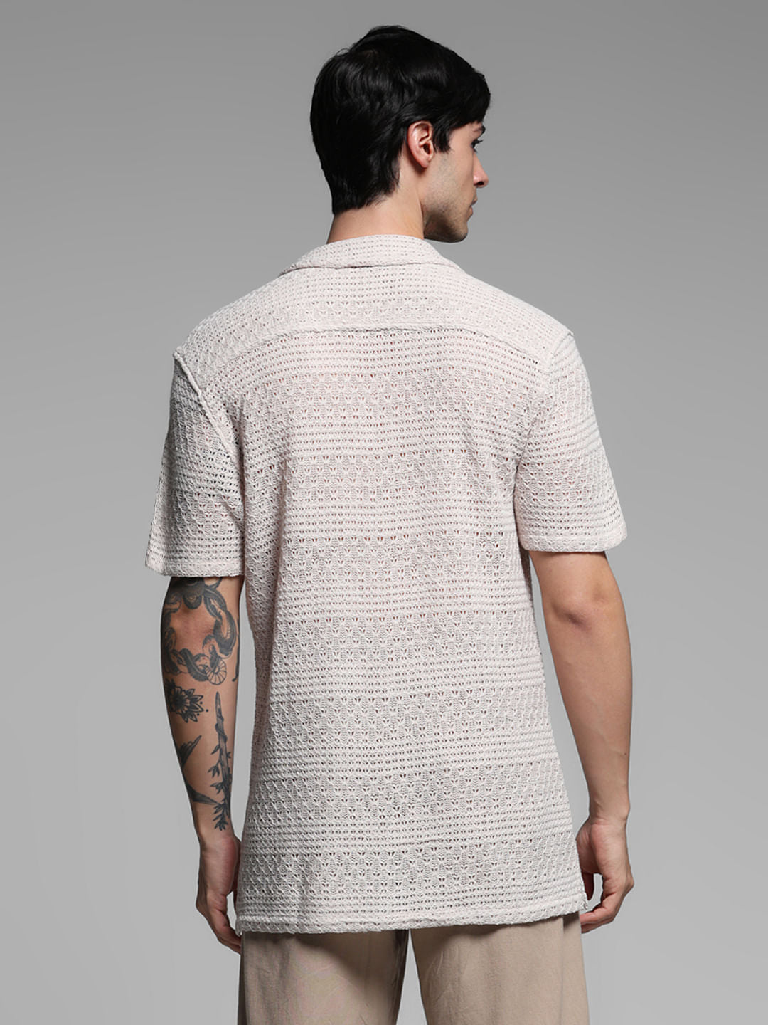 Beige Textured Resort Collar Shirt