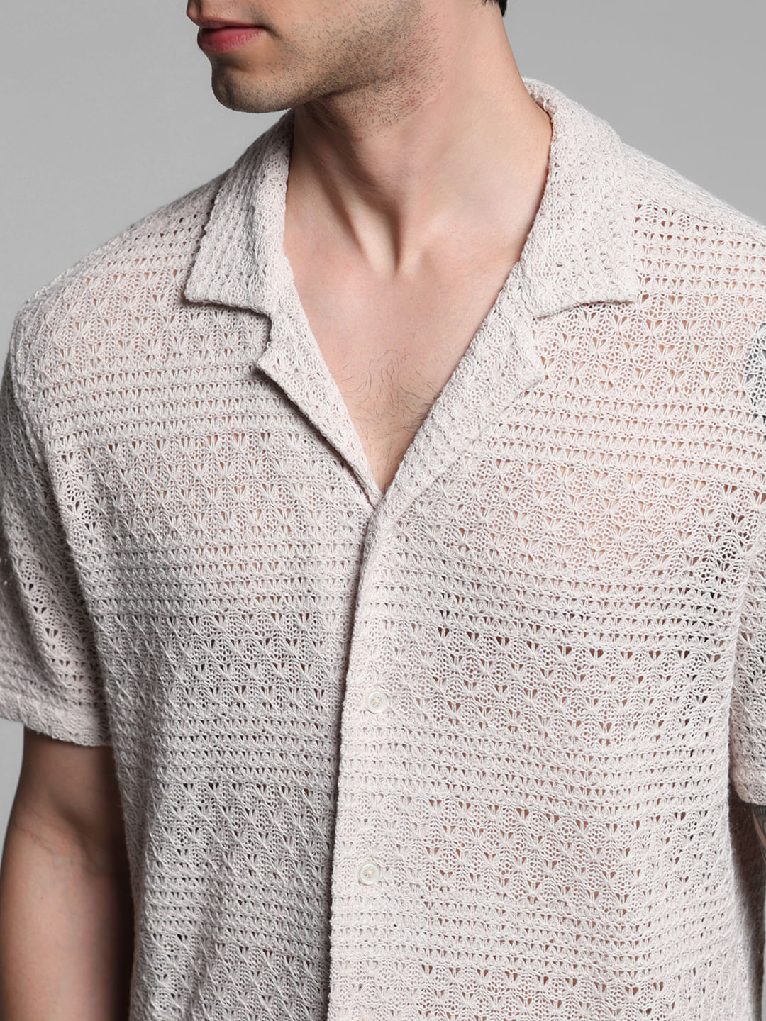 Beige Textured Resort Collar Shirt