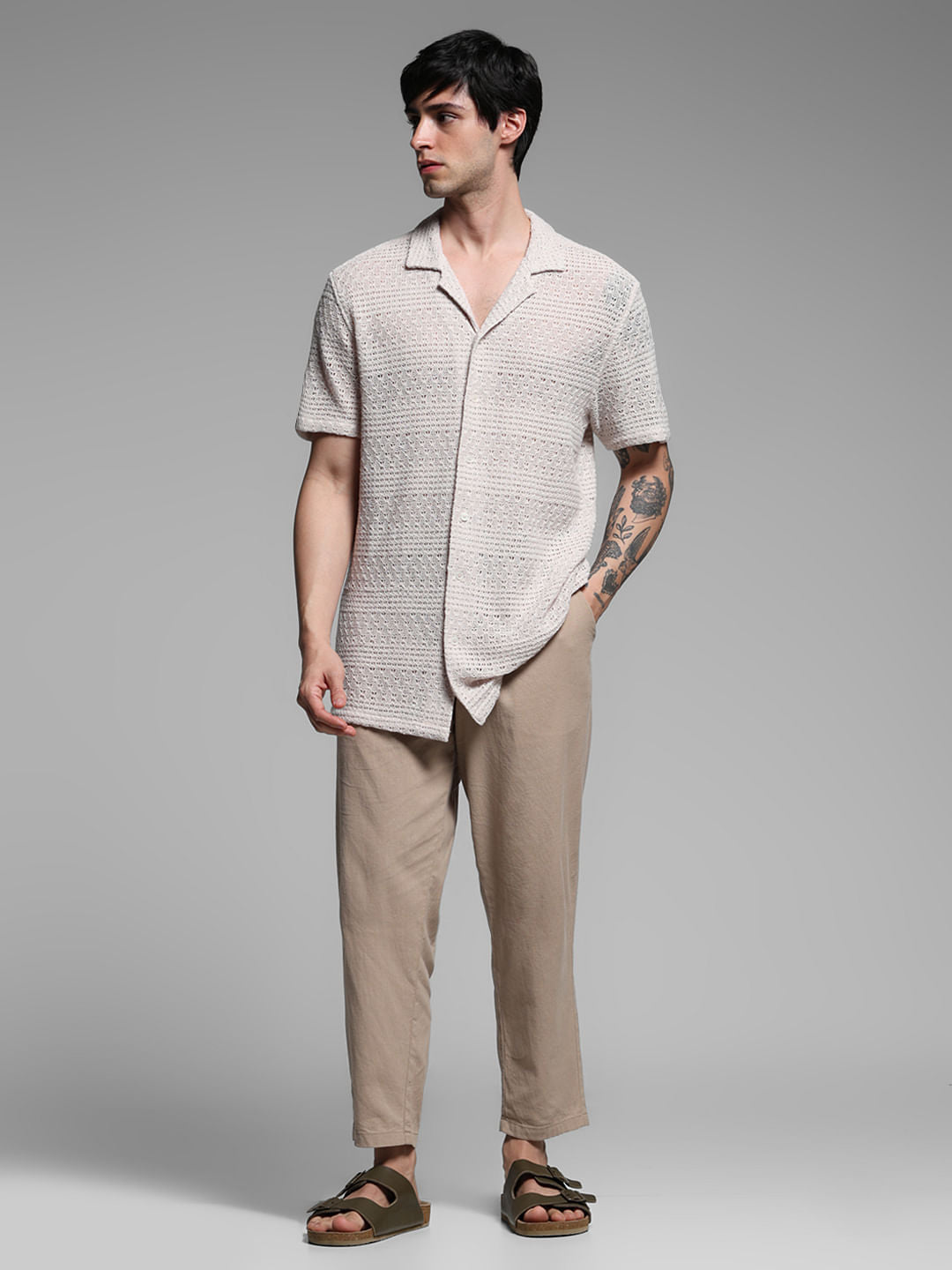 Beige Textured Resort Collar Shirt