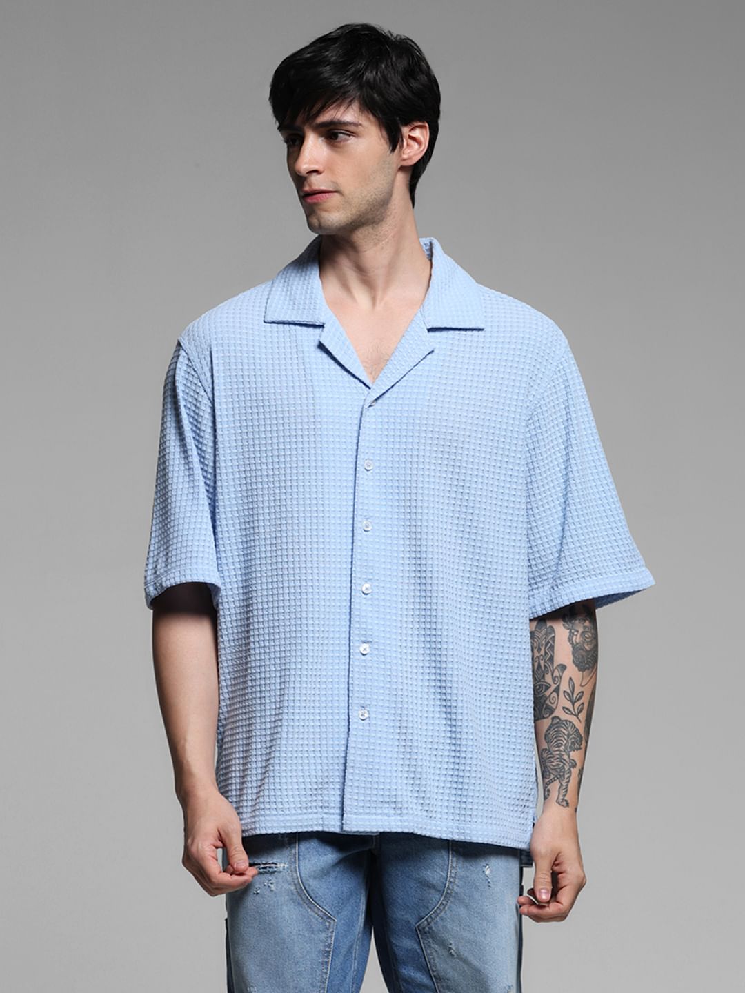 Blue Oversized Short Sleeves Shirt