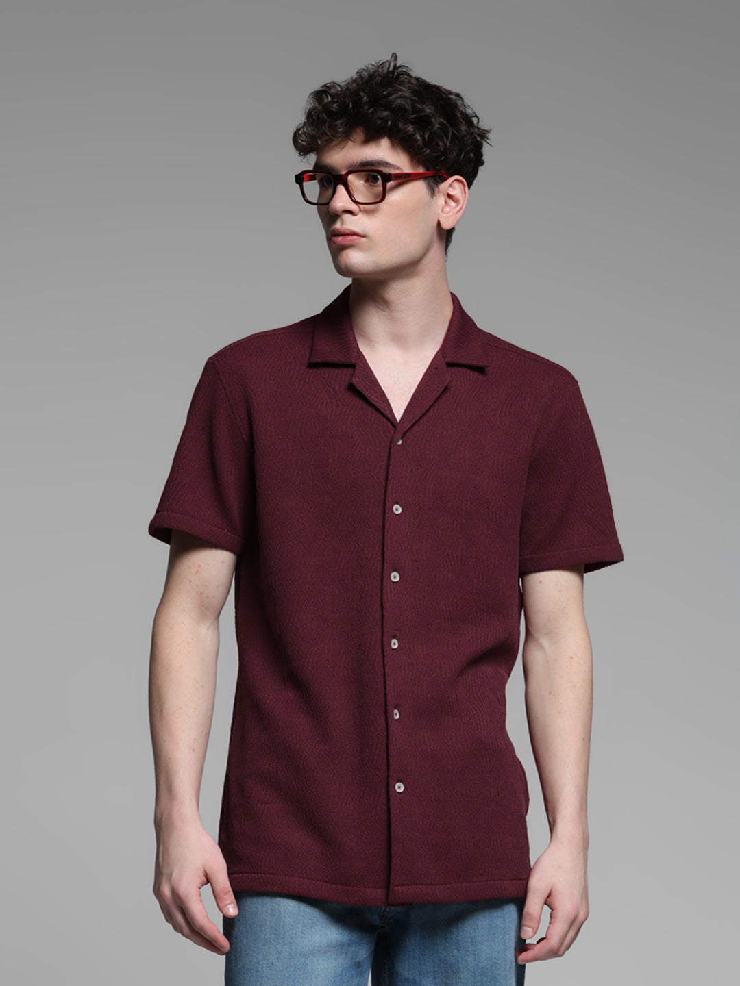 Men's Burgundy Textured Resort Collar Relaxed Fit Shirt